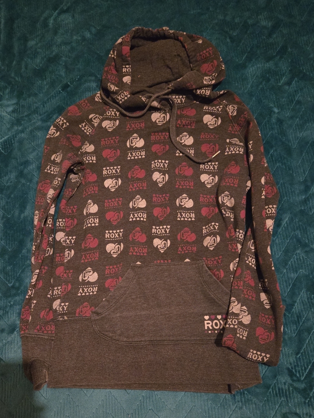 Roxy Charcoal Hoodie with Pink & White Logo Pattern